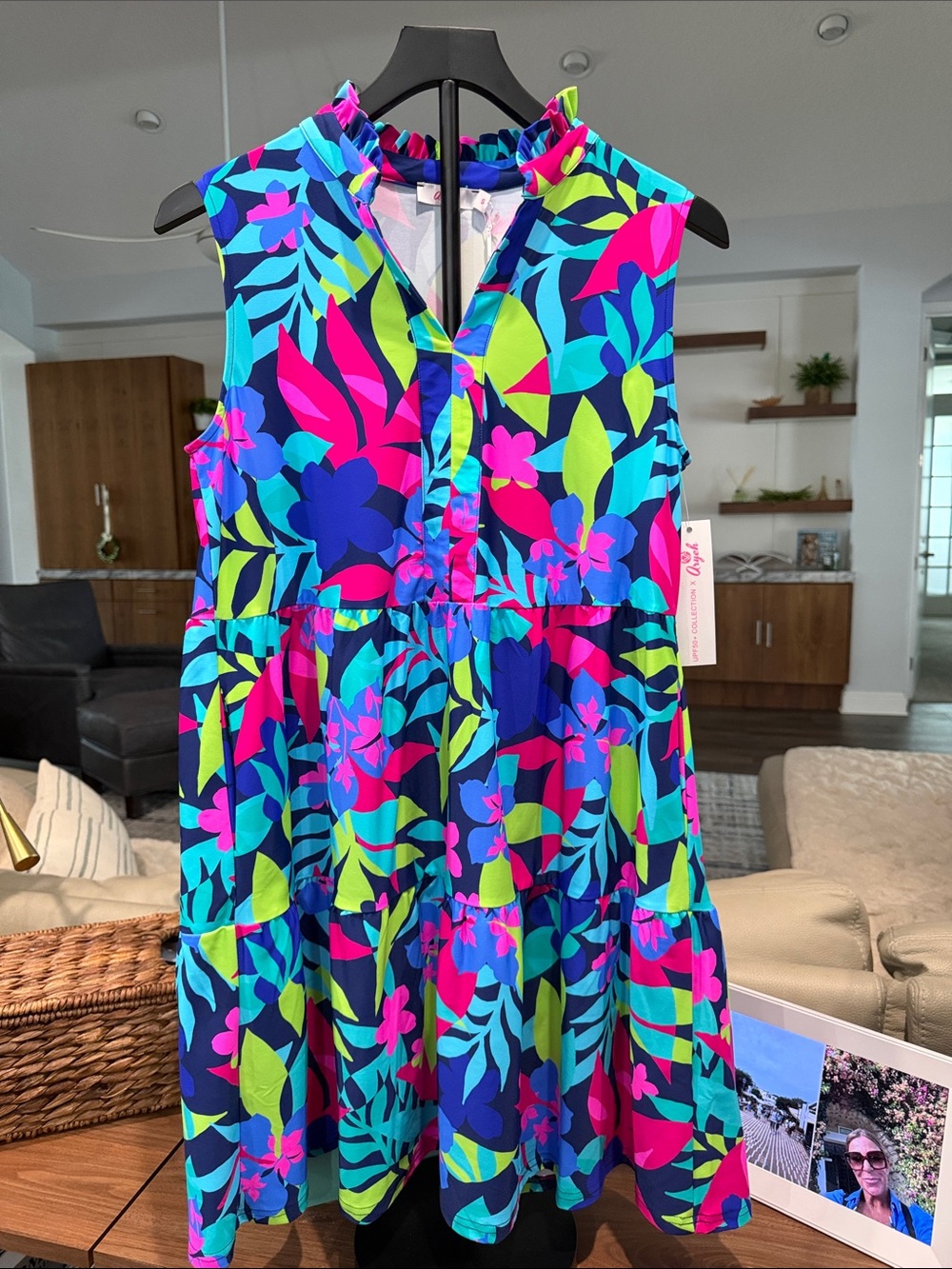 Womens upf 50 Tropical Floral Sleeveless Dress - Navy Multi